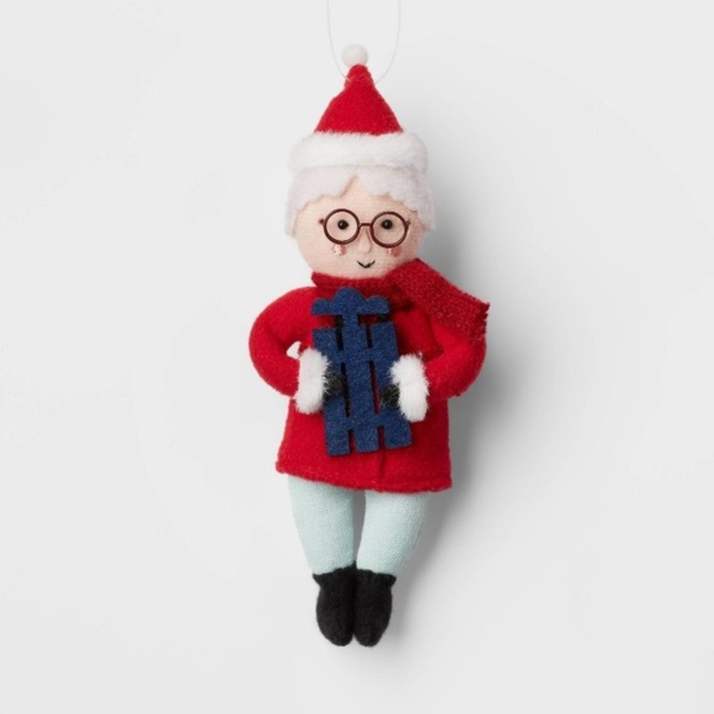 Santa Wearing Glasses Holding Sled Fabric Christmas Tree Ornament nwt mrs claus